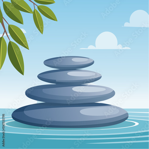 Stack of zen stones with green plant, water in spa. Wellness concept
