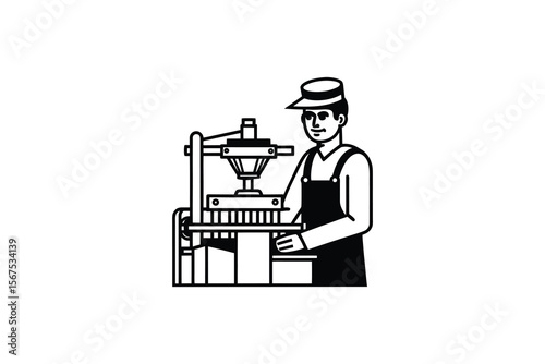Linework Illustration of a Worker Operating a Printing Press Machine