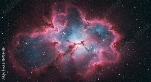 A vibrant nebula, glowing with pink and blue hues, speckled with countless stars in deep space