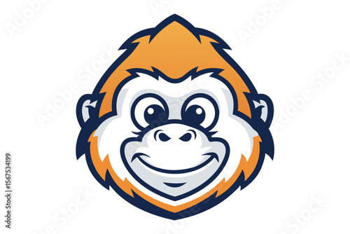 Happy gorilla mascot face is smiling with orange fur and dark blue outline