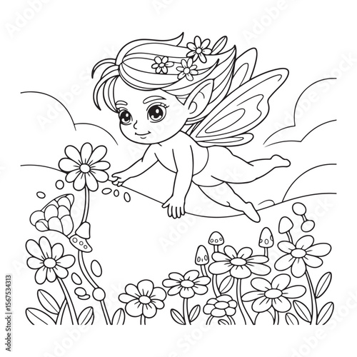 Fairy flying over flowers coloring page illustration art