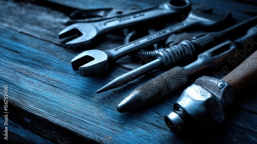 Realistic stock photo of Fathers day tools with blues tones, evoking a authoritative mood, targeting Graphic designers