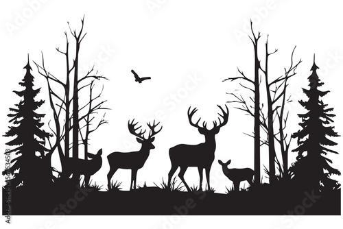 Majestic Deer Family Silhouette in Winter Forest