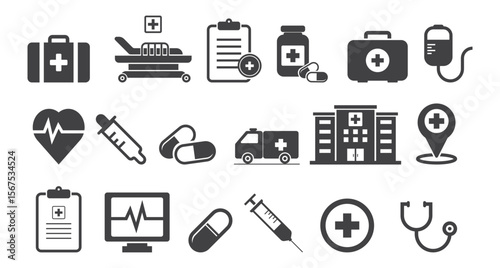Set of Medical Icons Representing Healthcare Essentials and Tools, vector illustration.