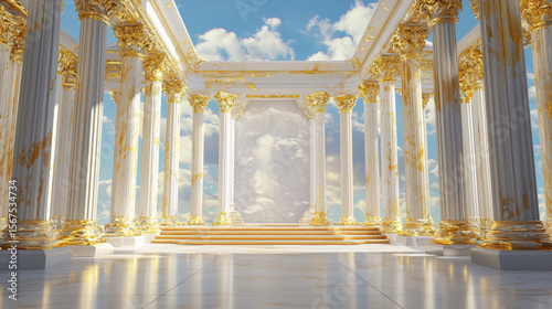 Grand Classic Architecture with Golden Columns and Marble Floor, Expansive Heavenly Temple Interior with Regal Baroque Design, Surreal Sky and Serene Divine Atmosphere