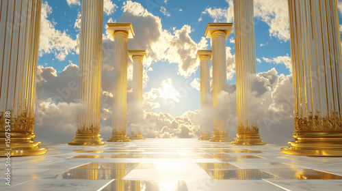 Grand Classic Architecture with Golden Columns and Marble Floor, Expansive Heavenly Temple Interior with Regal Baroque Design, Surreal Sky and Serene Divine Atmosphere