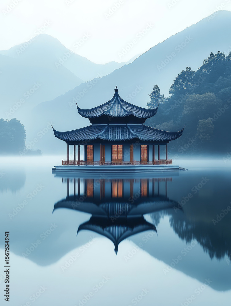 Obraz premium A New Chinese-style pavilion on a lake, an ink painting of a landscape.
