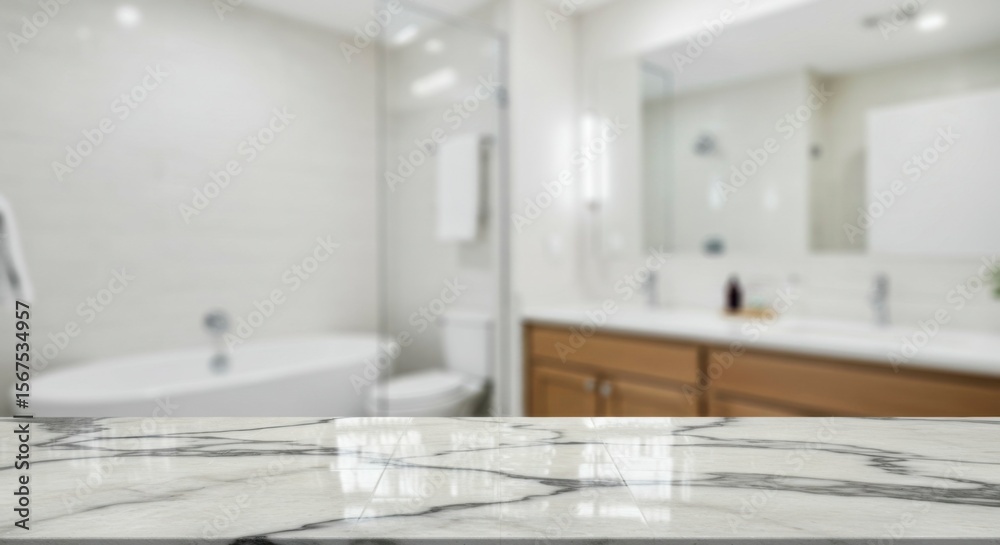 Fototapeta premium Sleek marble countertop in a modern bathroom setting. Blurred background shows bathtub, shower, and vanity