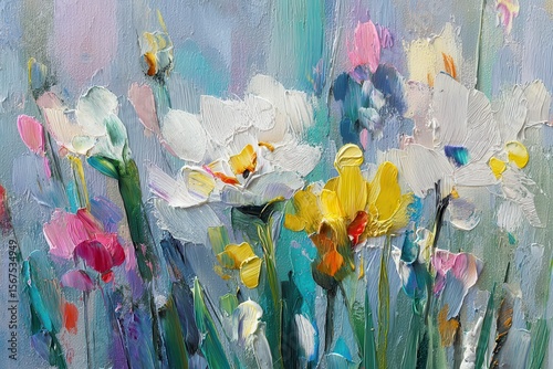 Vibrant Abstract Oil Painting of Colorful Flowers in Bloom
