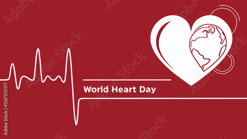 World Heart Day:  A stylized white heart encompassing the Earth, set against a deep red background, features a dynamic EKG heartbeat line;  a minimalist, hopeful, and globally-focused design.
