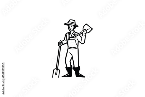 Line Art Illustration of a Farmer Holding a Shovel and Fork