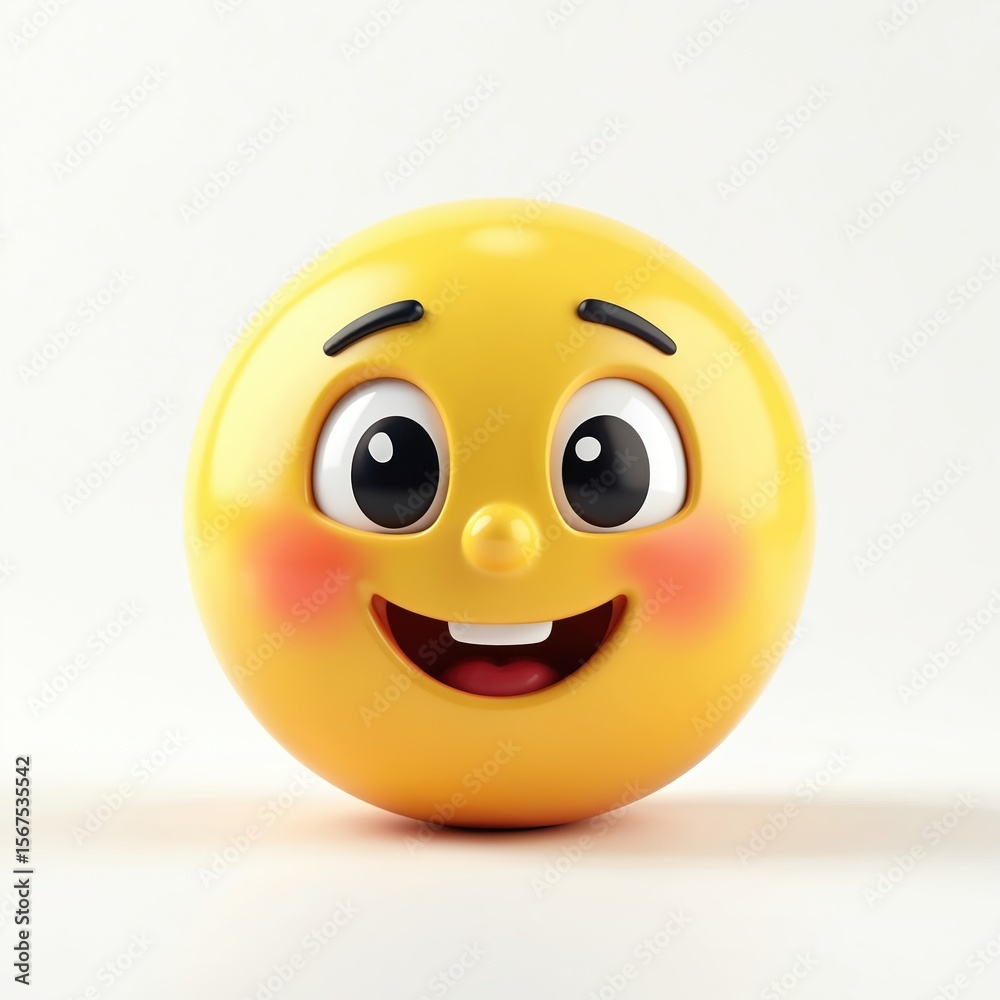 Fototapeta premium Friendly yellow emoji illustration with wide eyes, rosy cheeks, big smile. Cheerful, joyful, positive, cute, animated, digital emoticon conveys happiness, warmth. Clean white background highlights