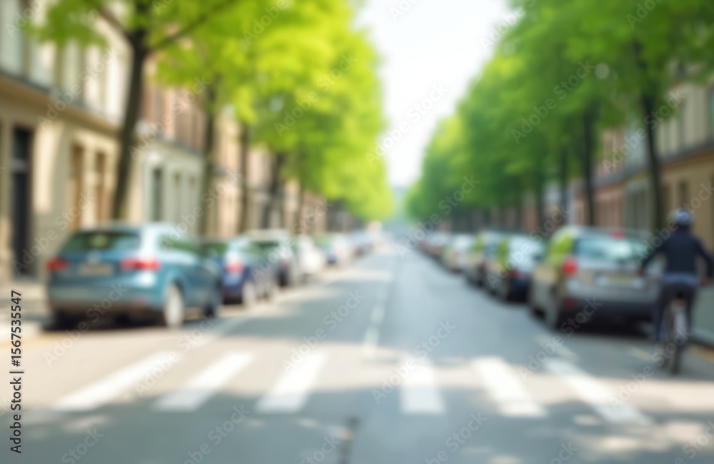 Urban street scene with cars parked along road, cyclist. Buildings, trees line street under bright sky. Soft focus, bokeh effects create artistic, defocused background for various design uses. Urban street scene with cars parked along road, cyclist. Buildings, trees line street under bright sky. Soft focus, bokeh effects create artistic, defocused background for various design uses.