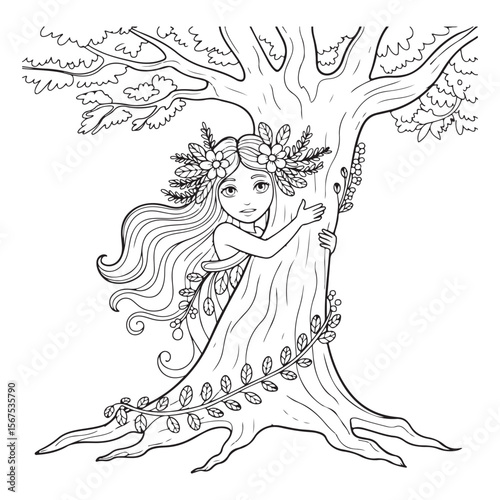 Canvas Print Girl with floral crown hugging a tree in black and white
