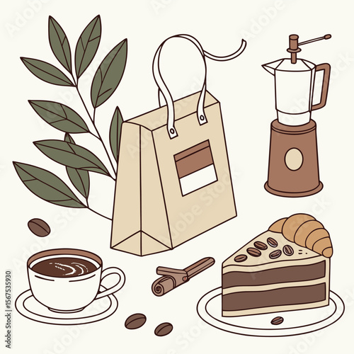 Aesthetic coffee and pastry arrangement with a bag, plant, and moka pot in a cozy brown theme