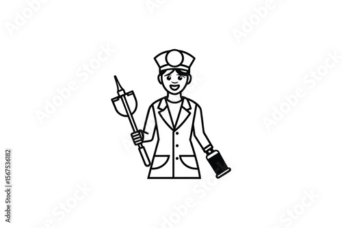 Cartoon Caver with Cave Exploration Tools in Black and White Style