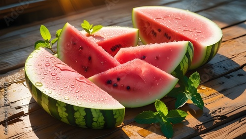 Freshly sliced watermelon wedges on rustic wooden table with summer sunlight