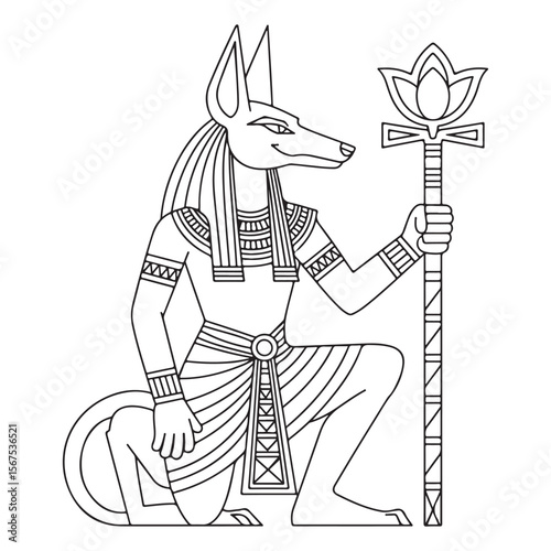 Anubis egyptian god line art holding staff illustration