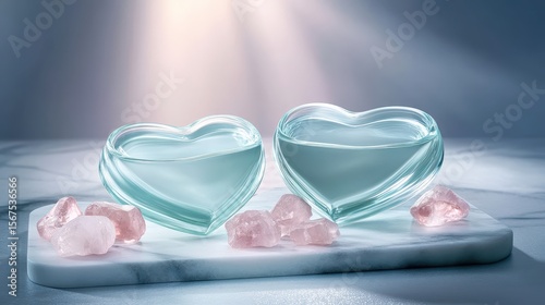 Elegant Heart-Shaped Glass Bowls with Pink Crystals on Marble