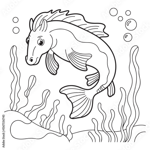 Outline horsefish swimming in ocean with bubbles and seaweed