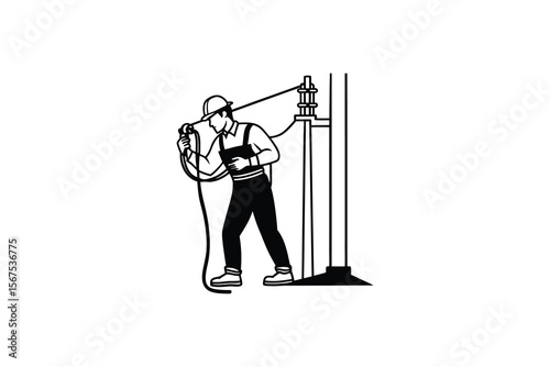 Lineman Working on a Power Pole Black and White Vector Illustration