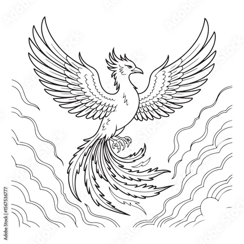 Outline drawing of a phoenix with wings spread in the sky