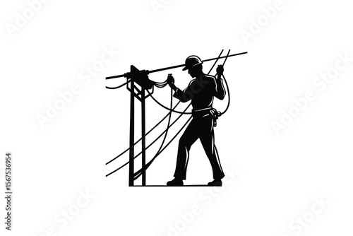 Silhouette of a Lineman Working on Power Lines with Safety Gear