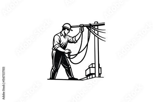 Lineman Working on Power Lines Black and White Vector Illustration