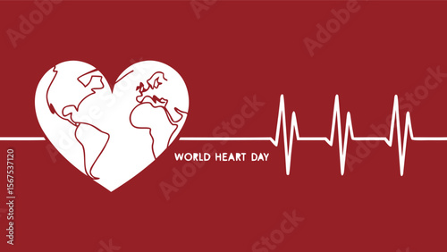 World Heart Day:  Global Health Awareness Campaign,  Minimalist Heartbeat Graphic,  Red Background,  White Line Art,  Simple Elegant Design,  Medical Concept Illustration.