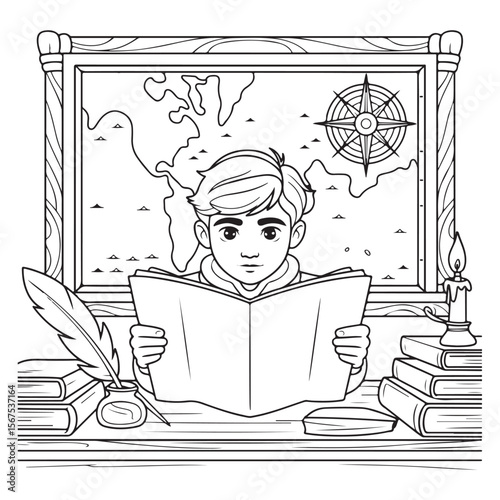Boy reading a book in front of a map coloring page style