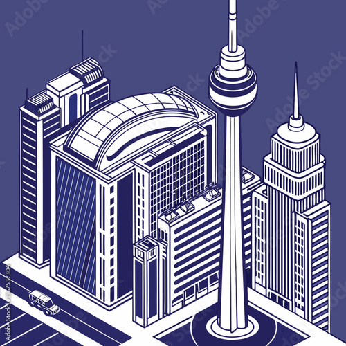 Isometric view of a city skyline with tall buildings and a tower against a blue background design style