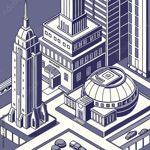 Isometric illustration of a city with tall buildings and a domed structure in blue and white