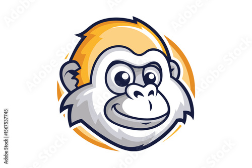Smiling cartoon ape with fluffy white fur and yellow hair looks happy