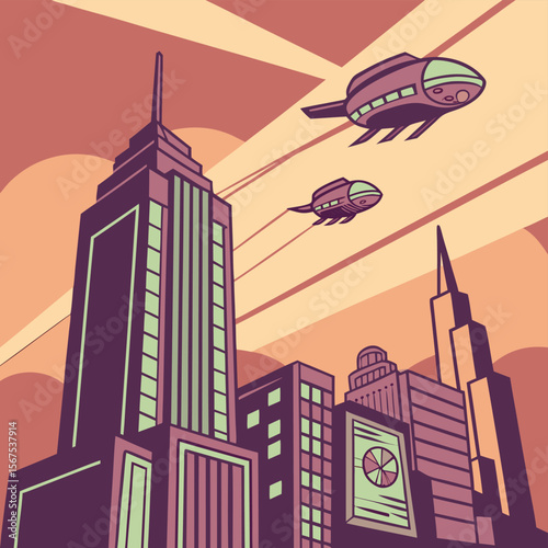 Illustration of futuristic city with tall buildings and flying vehicles in a retro style landscape