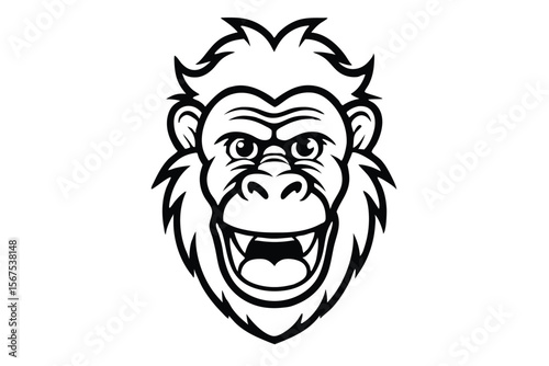 Joyful gorilla head illustration features bold black outlines and a happy, expressive face