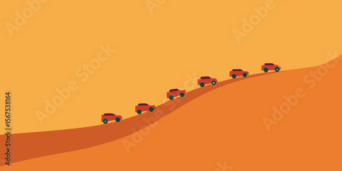 A High Angle View Of A Convoy Of Jeeps Or A Caravan In The Desert And Sand
