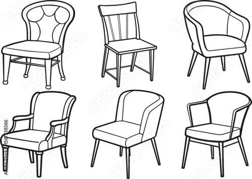 Set of chair outline vector illustration, line art