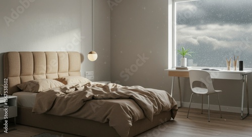 Modern bedroom with rain view