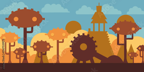 A Massive And Clockwork Forest With Mechanical Trees In A Steampunk Themed Scene