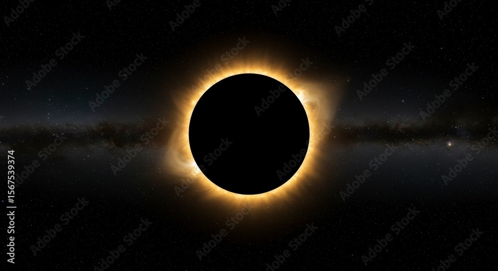 Fototapeta premium A total solar eclipse, showcasing the sun's corona as a brilliant ring of light surrounding the moon's silhouette against a backdrop of stars and the Milky Way