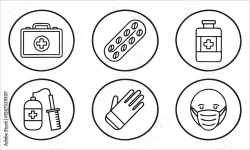Medical icons first aid kit pills bottle syringe glove face mask