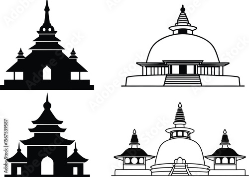 Set of Buddhist Temple and Stupas silhouettes. vectors design