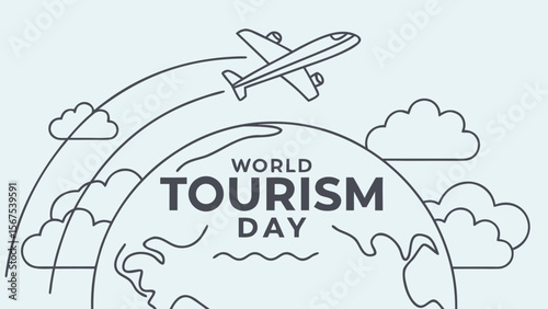 World Tourism Day: Airplane Soaring Over a Line Art Globe, Minimalist Design, Celebratory Mood, Travel and Exploration Theme, Positive and Uplifting Vibe,  Global Connectivity Concept.