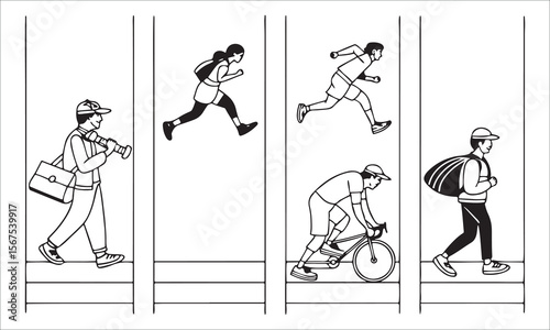 People engaged in different activities running cycling