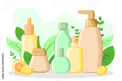 Vector Cosmetic Product Mockup with Natural Elements, Natural Skincare Product Vector with Citrus and Leaves – Perfect for Social Media, Branding, and Product Packaging