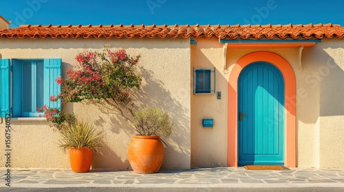 Fototapeta Naklejka Na Ścianę i Meble -  A Mediterranean villa with terracotta roof, beige walls, vibrant blue door, bright and cheerful