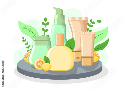 Vector Cosmetic Product Mockup with Natural Elements, Natural Skincare Product Vector with Citrus and Leaves – Perfect for Social Media, Branding, and Product Packaging