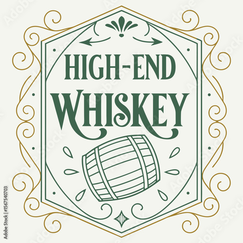 High end whiskey label with barrel illustration and decorative border in green and gold colors