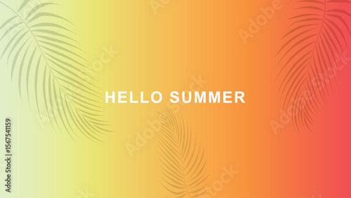 Hello Summer. Vector Illustration with Tropical Leaves, Sea and Sand. Flat Cartoon Vector Background for Seasonal Poster, Travel Banner, Holiday Card, Vacation Concept, Summer Greeting Design