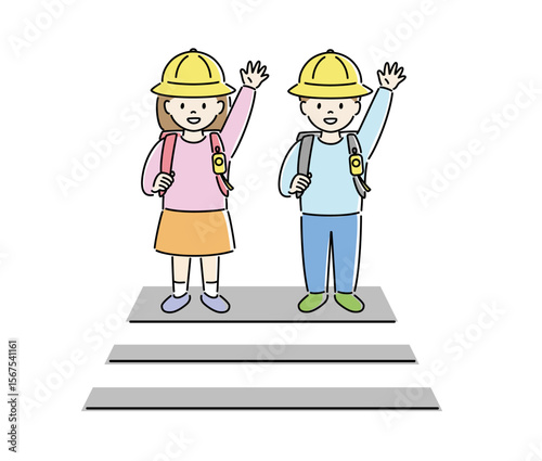 横断歩道で左右確認する子どものイラスト（女子、男子）  2